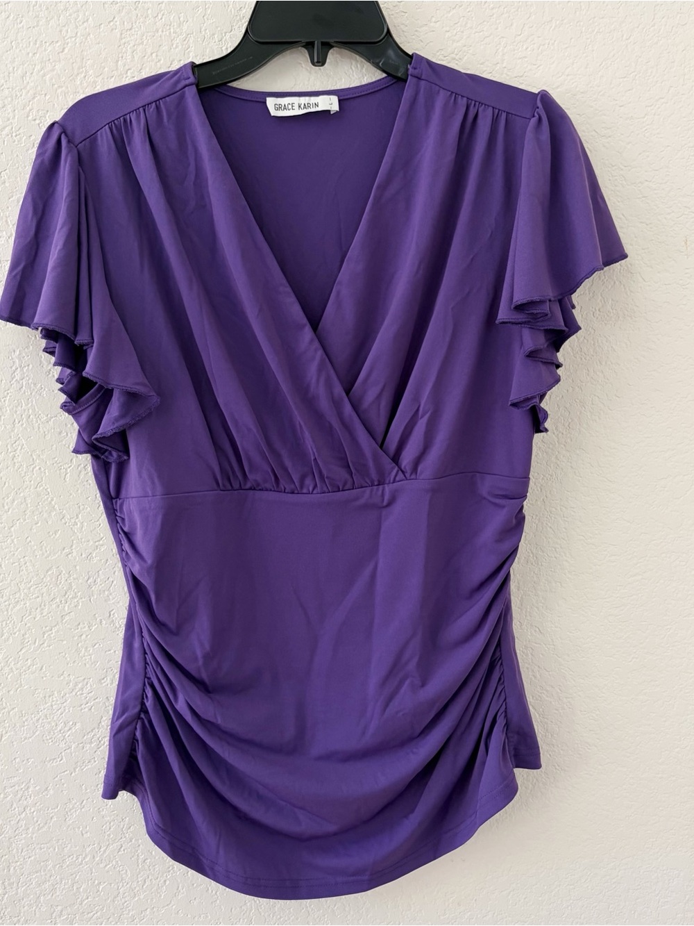 Grace Karin Top Purple V-Neck Flutter Sleeve Ruched Sides Size Large